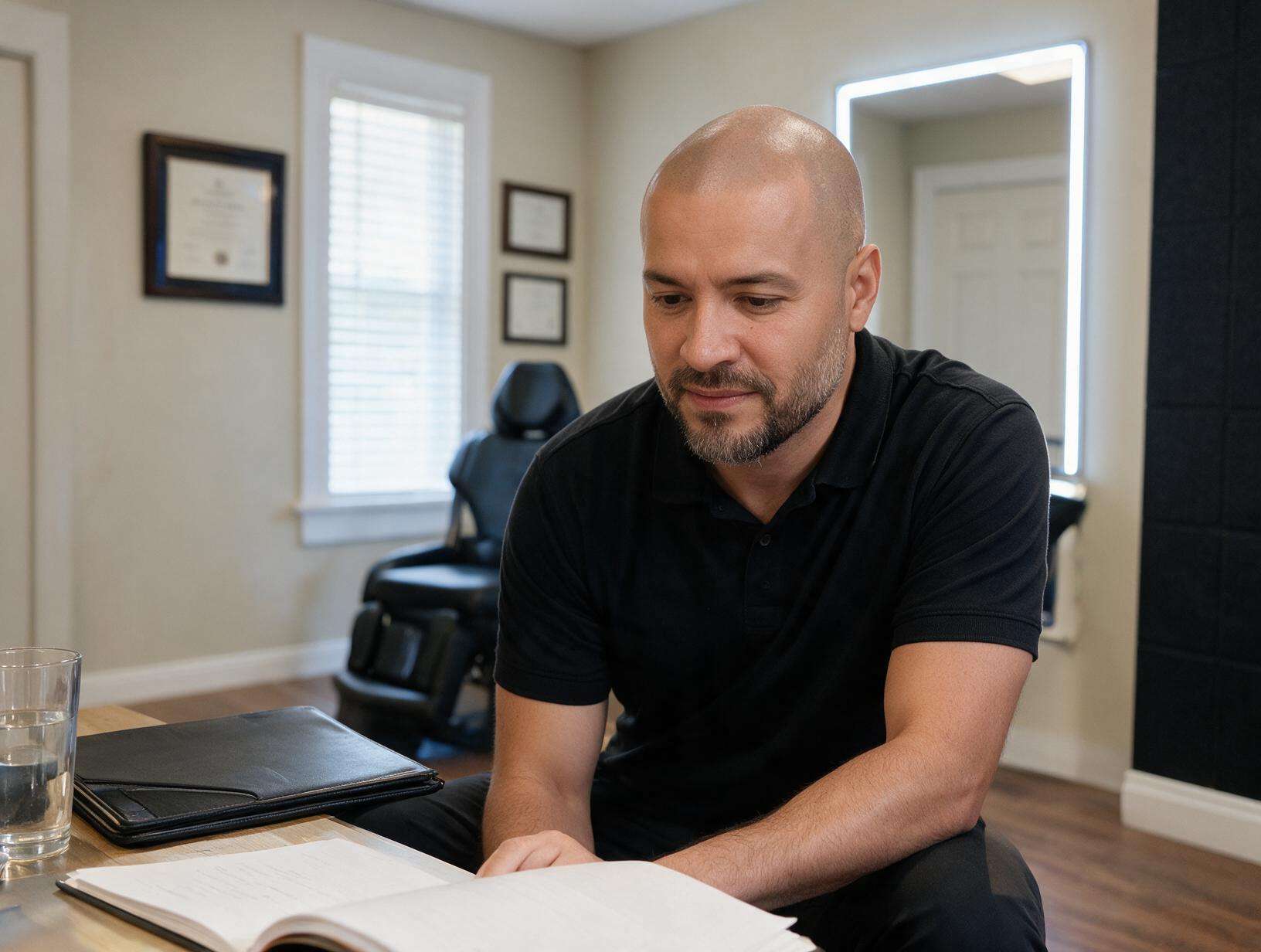 Bald bearded man in a black polo sits at a desk reading an open notebook, with a black treatment chair