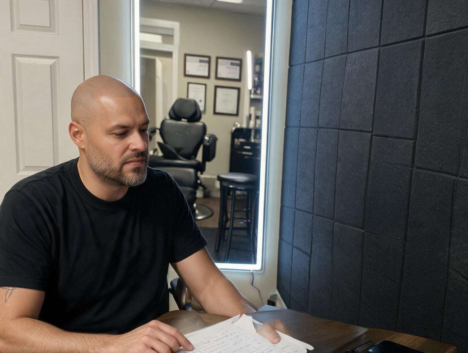 Bald bearded man in a black T-shirt sits at a wooden desk reading handwritten notes