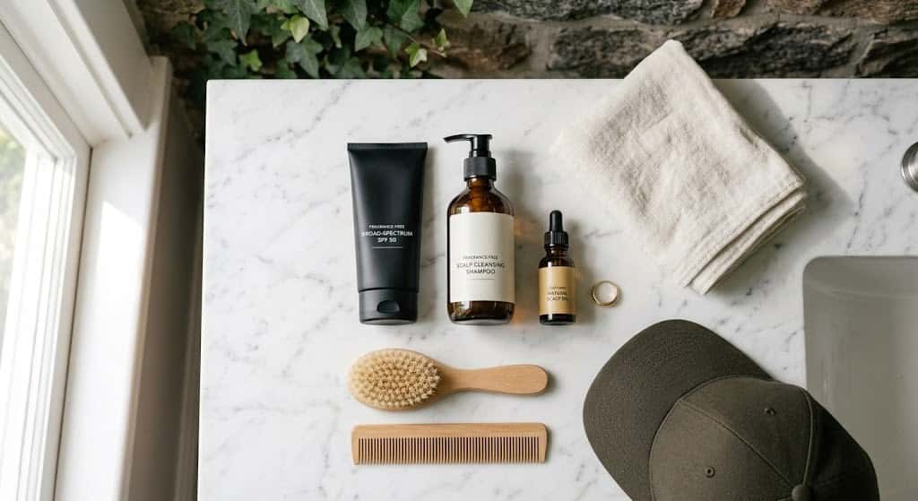 Aftercare essentials laid out on a marble counter: SPF 50 sun cream, scalp cleansing shampoo, soothing oil, a soft brush, a comb, a folded towel and a cap