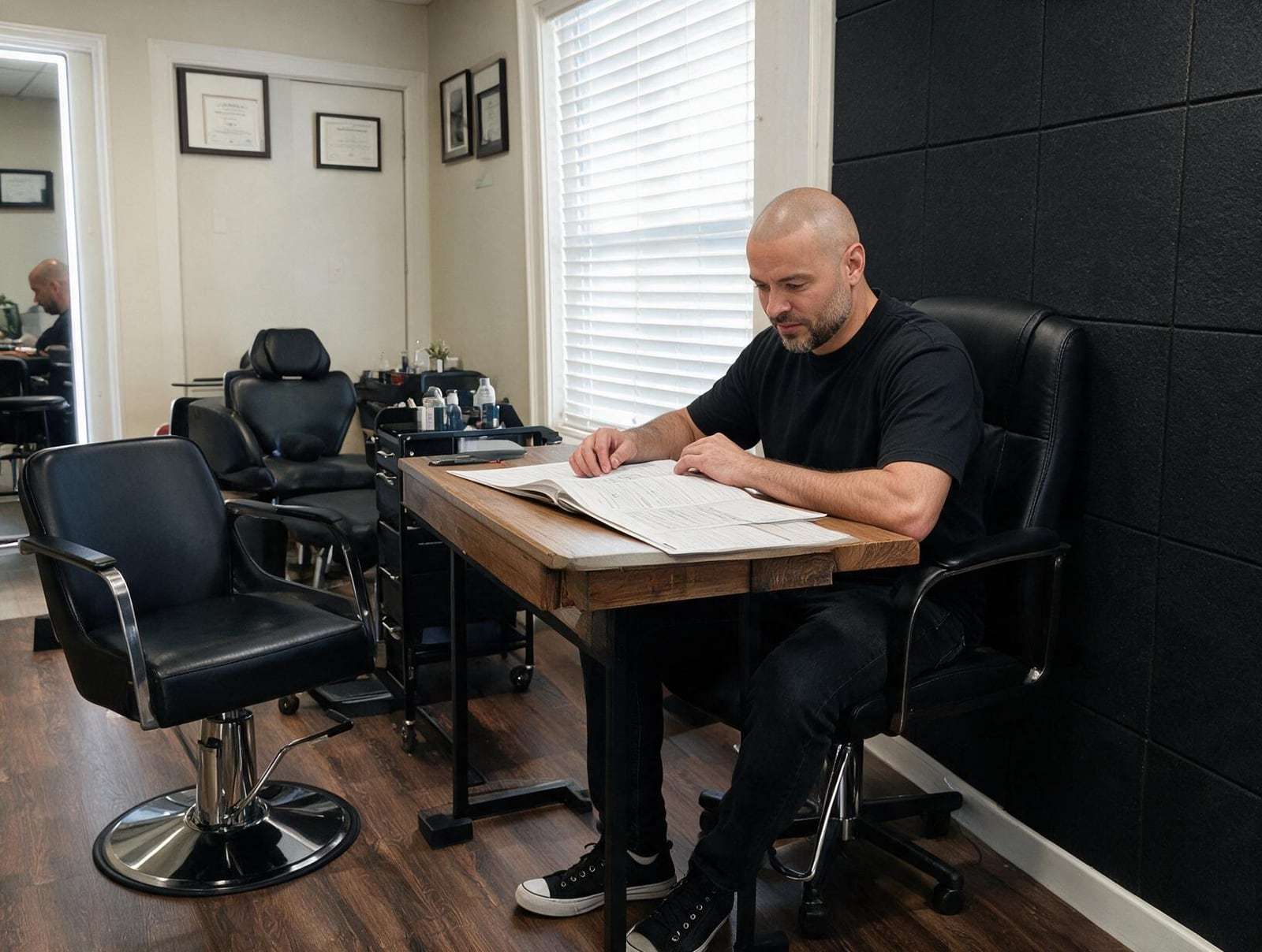 Bald bearded man in a black T-shirt and jeans sits at a wooden desk reading papers beside a window
