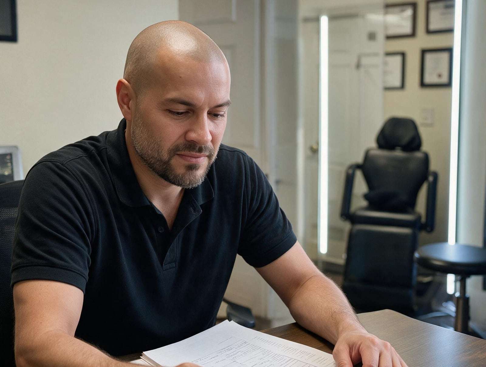 Bald bearded man in a black polo sits at a desk reading papers