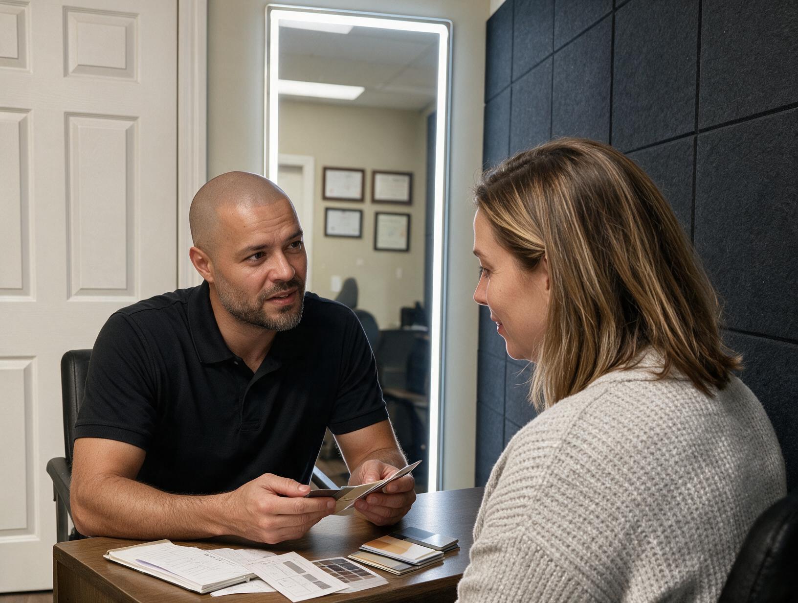A bald, bearded man in a black polo leans over a desk showing cards to a woman with shoulder-length hair in a knit sweater.