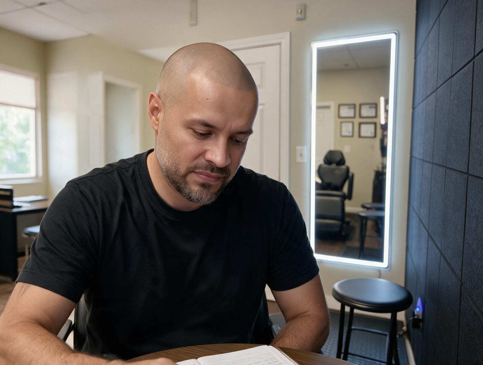 Bald bearded man in a black t-shirt looks down at notes at a desk in a clinic room with a lit mirror