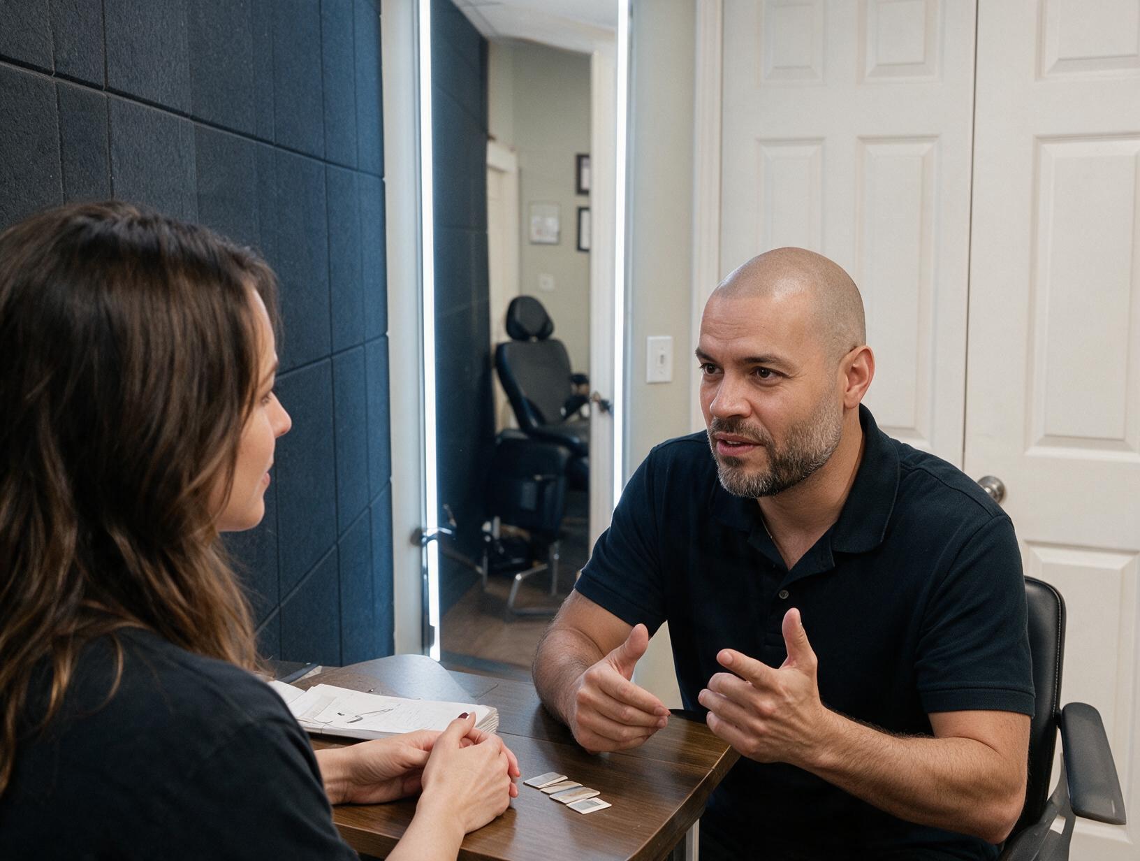 A bald, bearded man in a dark polo gestures while talking with a long-haired woman across a wooden table in a treatment room.