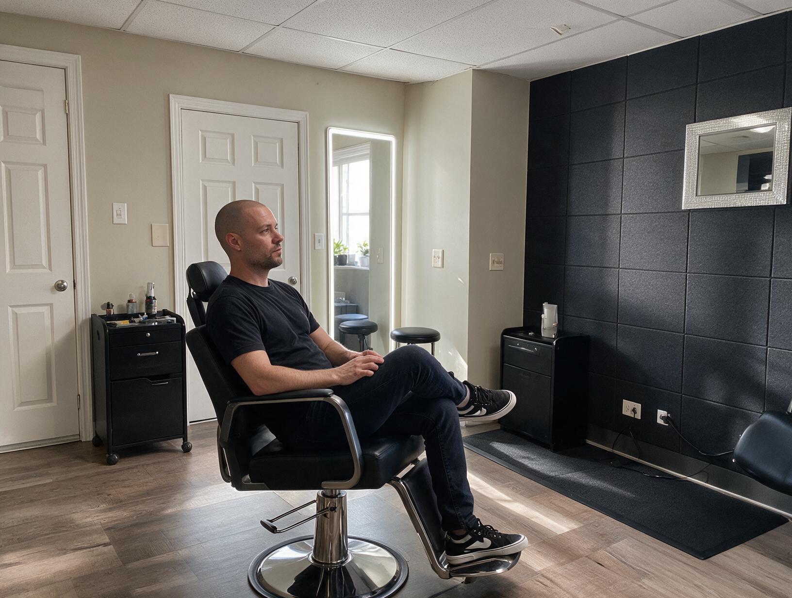 Bald man in a black T-shirt, jeans and sneakers sits in a black chair, legs crossed